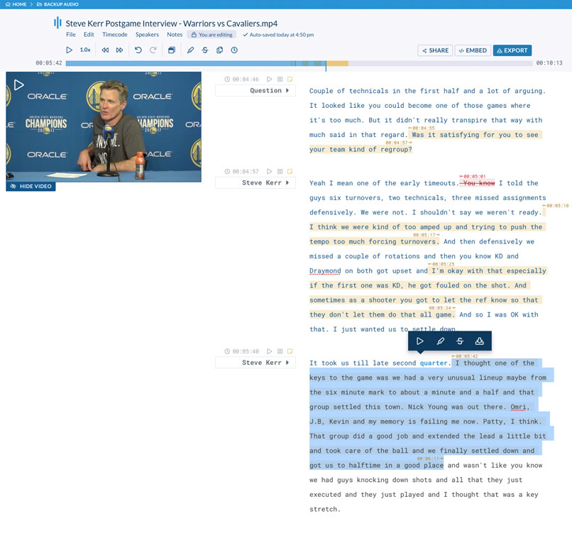 Sonix-Beispiel-Screenshot: Soundbites von Steve Kerr Post-Game Pressekonferenz Sonix Automatisierte Transkription. Beispiel-Screenshot: Soundbites von Steve Kerr Post-Game Pressekonferenz