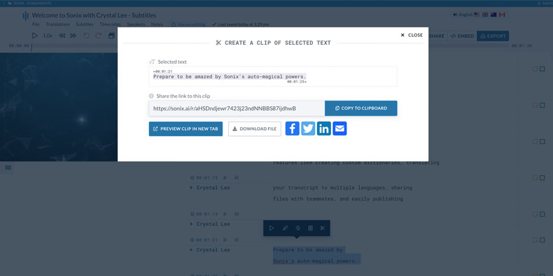 Beschleunigen Sie Ihren Workflow und veröffentlichen Sie ihn in Sekundenschnelle. Teilen Sie Clips, die mit Sonix gemacht wurden, ganz einfach auf Ihren sozialen Medien