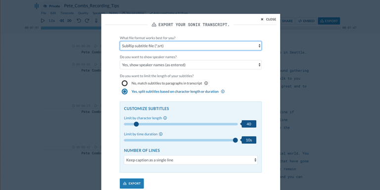Step 6: Download a SRT version of your MTS file by clicking Export and selecting 'Subrip subtitle file (.srt).'